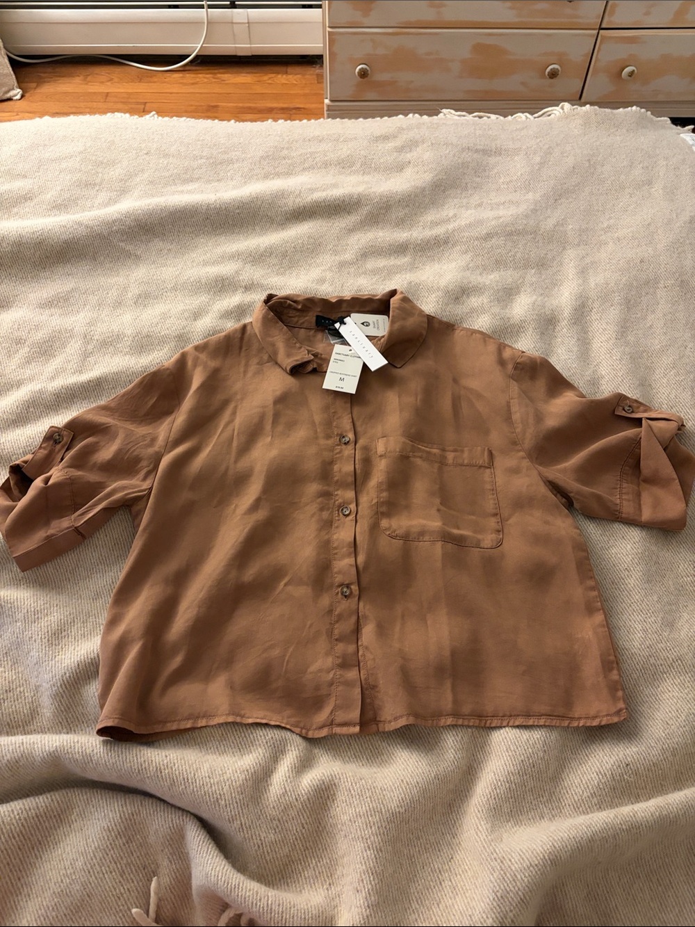 NWT Sanctuary 100% Lyocell Cropped Boyfriend Shirt in Caramel Size Medium